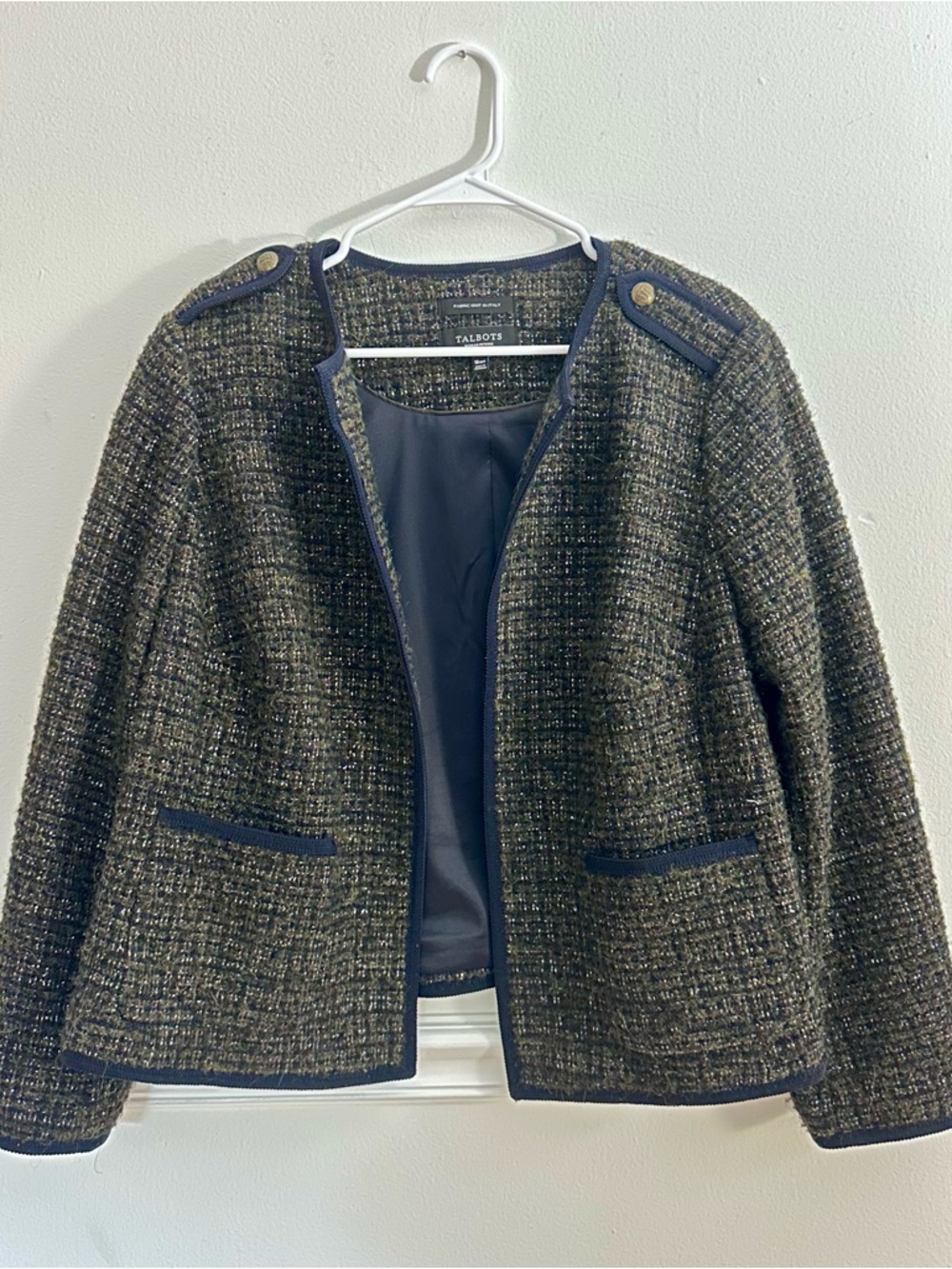 Talbots 16WP Luxe Italian Wool Alpaca Tweed Crest Button Jacket Green Navy